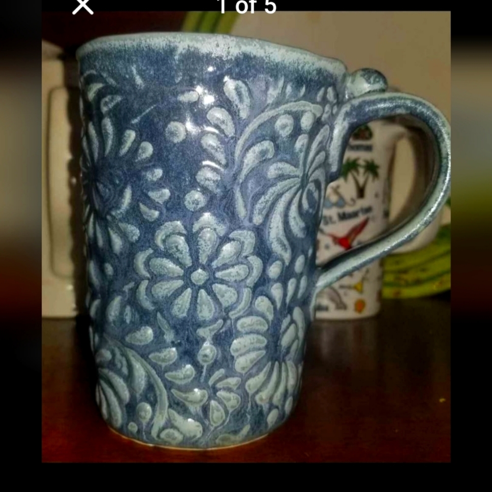 Floral Blue Ceramic Mug. Hand thrown. NEVER USED.
